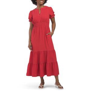 NEW MAX STUDIO LONDON Washed Red Short Sleeve Cinched Waist Tiered Maxi Dress